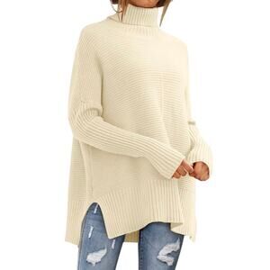Cream Ribbed Texture Relaxed Turtleneck Sweater MED Minimalist Casual Clean Girl